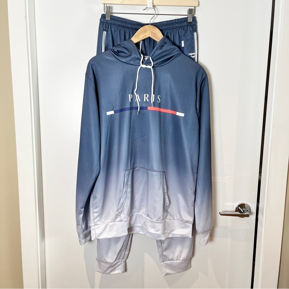 NWOT “Paris” Hoodie & Jogger Set  Blue Gradient Coord  Men’s Medium  Athleisure